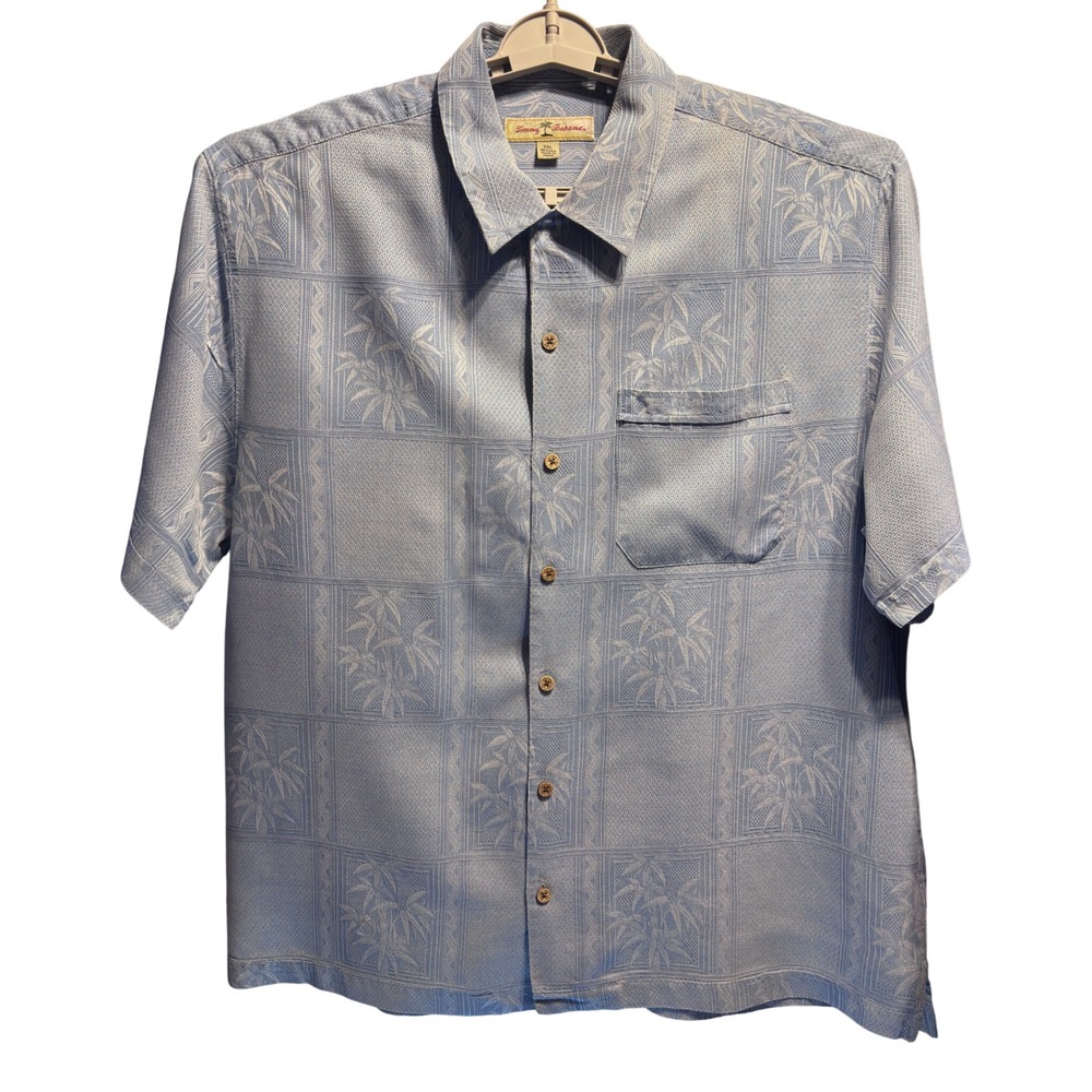 Tommy Bahama Silk Shirt Mens XXL Blue Bamboo Jacquard Excellent Short Sleeve